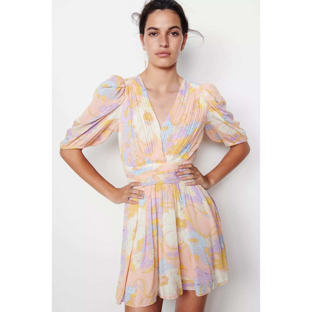 Ba&sh Floral V-Neck Mini Dress Pastel Pink Purple Puff Sleeve Size S